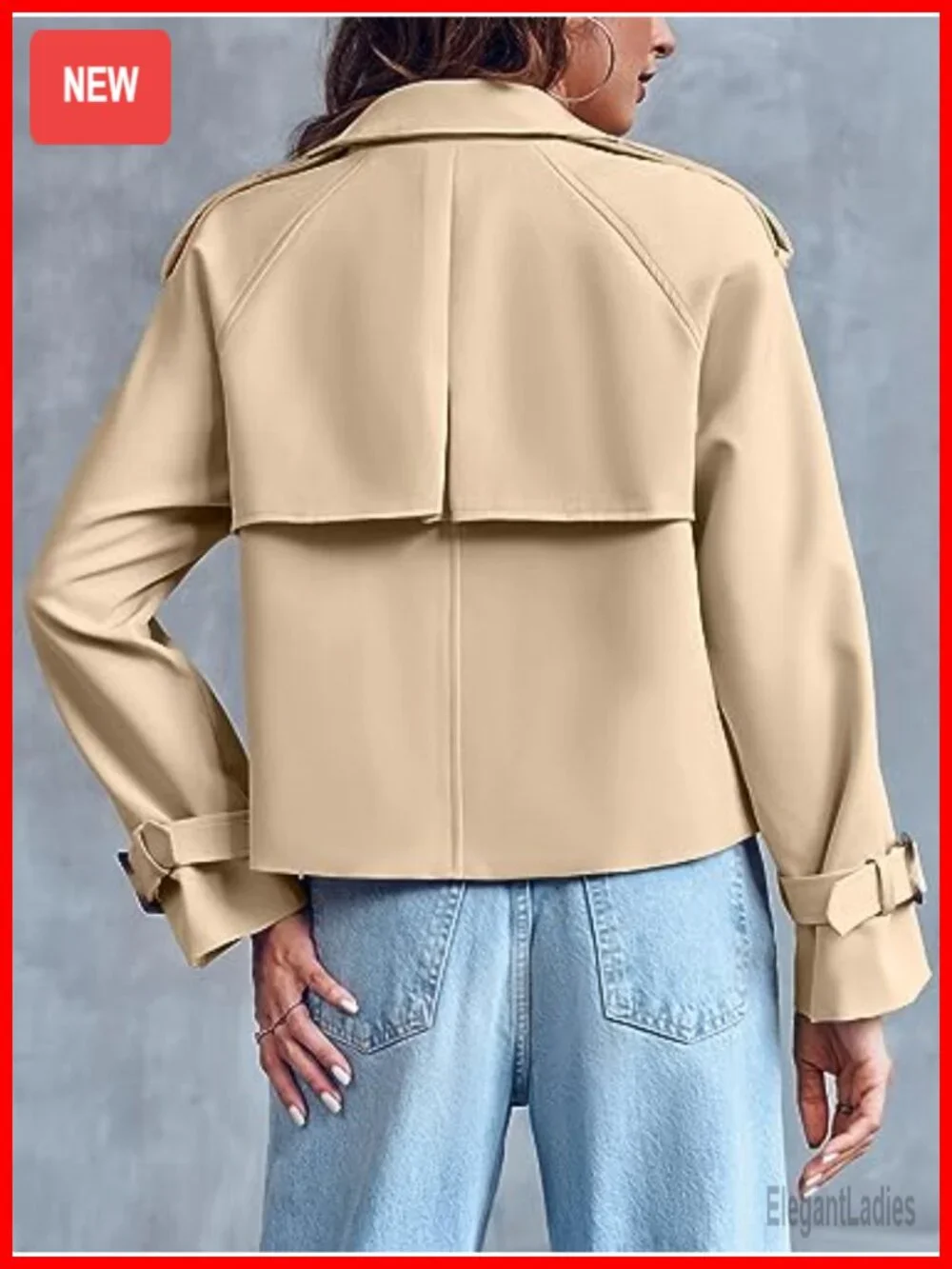 Women's Crop Double Breasted Trench Coat with Pockets, Windproof